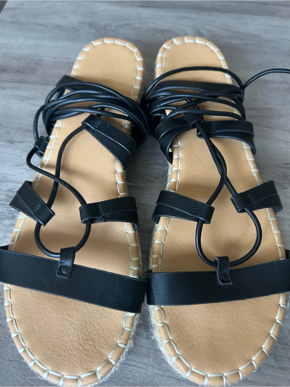 Rouge Helium Black Lace-Up Strappy Sandals with Tan Footbed